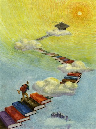 Illustration of Man Climbing Staircase of Books Leading to Mortarboard in Sky Foto de stock - Con derechos protegidos, Código: 700-00079994