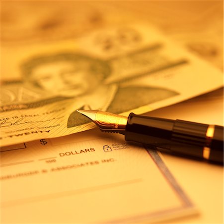simsearch:700-00085293,k - Close-Up of Pen, Cheque and Canadian Twenty Dollar Bill Stock Photo - Rights-Managed, Code: 700-00073960