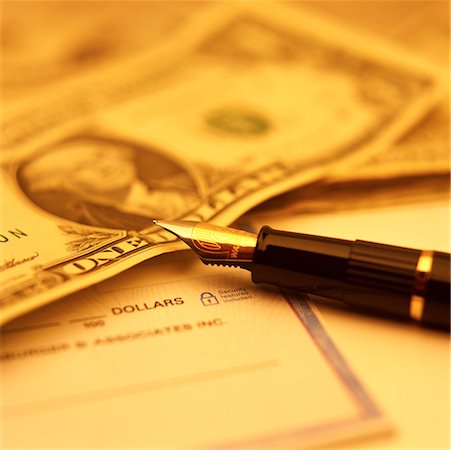 simsearch:700-00085293,k - Close-Up of Pen, Cheque, and American One Dollar Bill Stock Photo - Rights-Managed, Code: 700-00073961