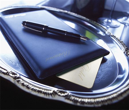 simsearch:700-00085293,k - Fountain Pen, Bill Holder and Credit Card on Silver Tray Stock Photo - Rights-Managed, Code: 700-00085292