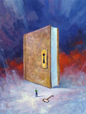 proportional - Illustration of Man Standing by Large Key for Giant Locked Book Stock Photo - Rights-Managed, Code: 700-00085724