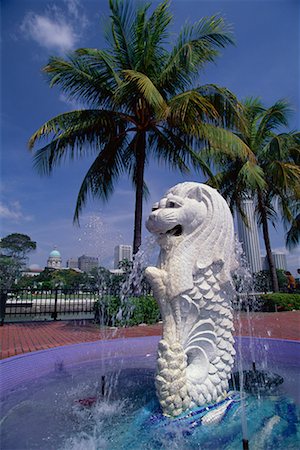 Statue du Merlion et fontaine Singapour Photographie de stock - Rights-Managed, Code: 700-00080173