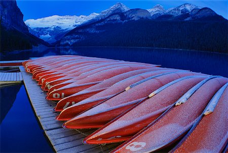 simsearch:600-06125581,k - Frost on Canoes at Dawn Lake Louise, Banff National Park Alberta, Canada Stock Photo - Rights-Managed, Code: 700-00152849