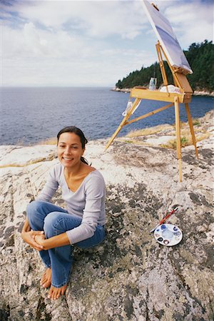 Painter Sitting on Rock by Water Stock Photo - Rights-Managed, Code: 700-00453522