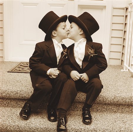 simsearch:700-00085631,k - Brothers in Tuxedos Kissing on Doorstep Stock Photo - Rights-Managed, Code: 700-00555064