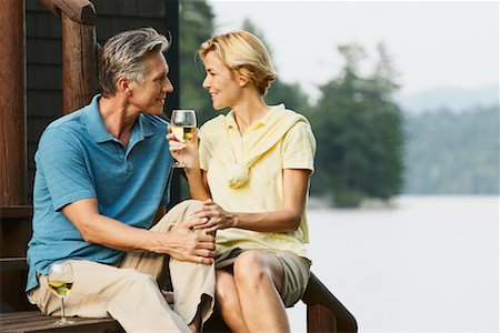 flirt senior woman - Couple Drinking Wine On Cottage steps Stock Photo - Rights-Managed, Code: 700-00847605