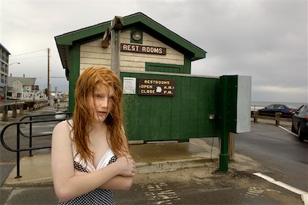 redhead girl swim suit - Girl By Restrooms on Beach Stock Photo - Rights-Managed, Code: 700-00934549