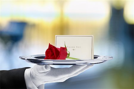 simsearch:700-00085293,k - Waiter Carrying Rose and Card on Tray Stock Photo - Rights-Managed, Code: 700-00955635