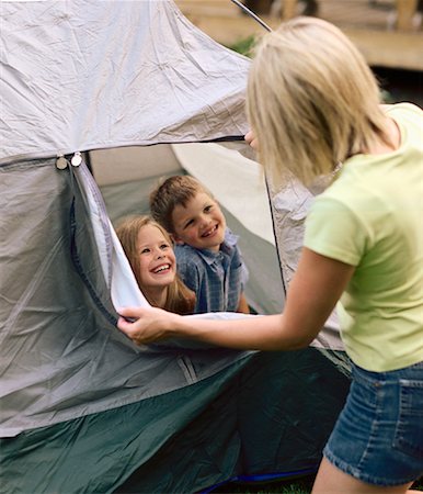 family tent backyard - Mother Looking at Children in Tent Stock Photo - Rights-Managed, Code: 700-01234797