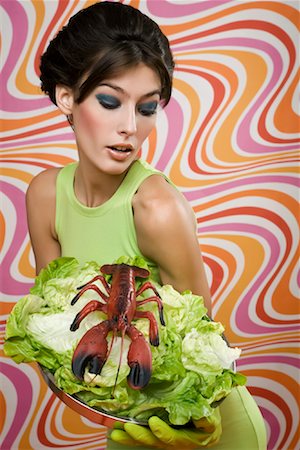 Woman with Bowl of Lettuce and Lobster Stock Photo - Rights-Managed, Code: 700-02010666