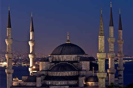 famous building with minaret - Blue Mosque at Night, Istanbul, Turkey Stock Photo - Rights-Managed, Code: 700-02156598