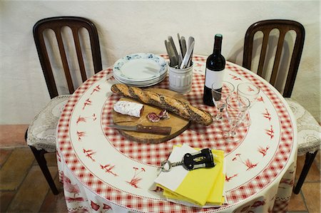 Bread and Wine on Table, Caunes-Minervois, Aude, Languedoc-Roussillon, France Stock Photo - Rights-Managed, Code: 700-03665581