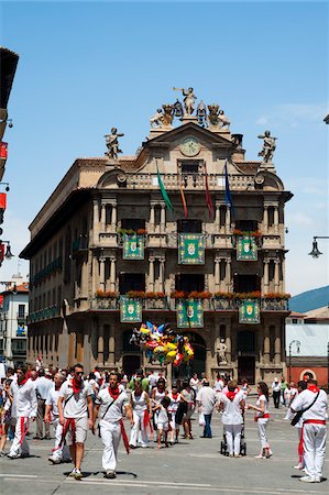 People at Town Hall Square, Fiesta de San Fermin, Pamplona, Navarre, Spain Stock Photo - Rights-Managed, Code: 700-03805419