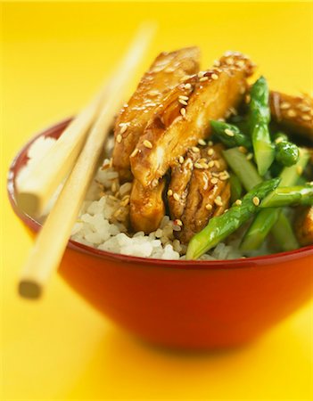 simsearch:825-05990354,k - Teriyaki  chicken with green asparagus and Japanese rice Stock Photo - Rights-Managed, Code: 825-06046507