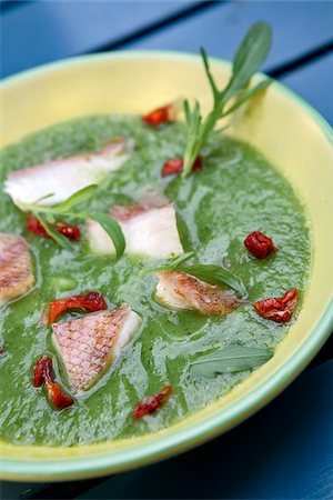 simsearch:825-03627010,k - Cream of zucchini soup with scorpion fish Stock Photo - Rights-Managed, Code: 825-06048147