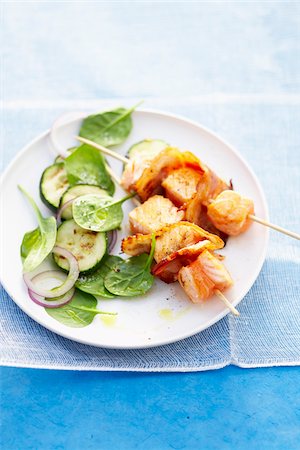 simsearch:825-07522119,k - Bacon and salmon brochettes with spinach and grilled zucchinis Stock Photo - Rights-Managed, Code: 825-06049595