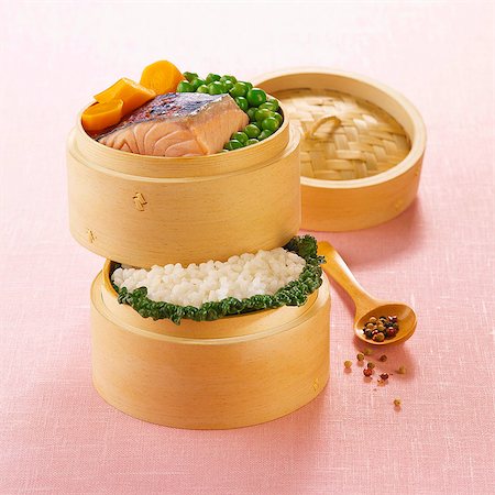 simsearch:825-07522119,k - Rice,vegetables and salmon steam-cooked in bamboo baskets Stock Photo - Rights-Managed, Code: 825-06815064