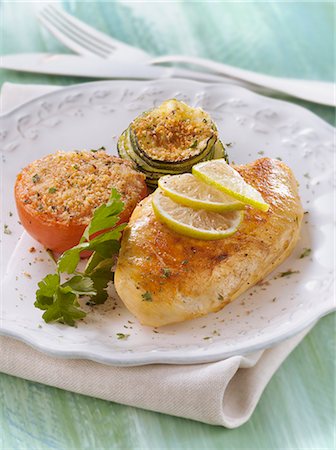 simsearch:825-07522085,k - Chicken marinated in lime,zucchini and tomato grilled with breadcrumbs Stock Photo - Rights-Managed, Code: 825-06817364