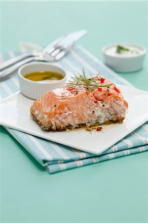 Salmon cooked on one side with Guérande salt and pink peppercorns Stock Photo - Rights-Managed, Code: 825-06817508