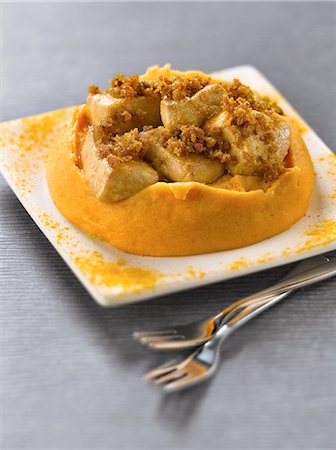 simsearch:825-07076761,k - Pan-fried foie gras with breadcrumbs and turmeric,pureed pumpkin Stock Photo - Rights-Managed, Code: 825-07077002