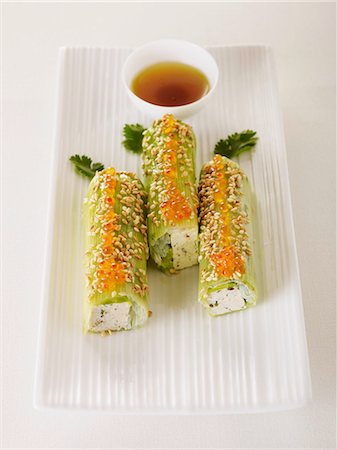 Tofu,leek,salmon roe and sesame seed rolls Stock Photo - Rights-Managed, Code: 825-07077152