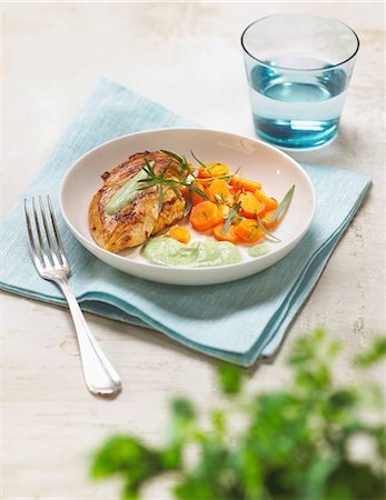 simsearch:825-07522085,k - Grilled chicken breast ,steamed carrots and tarragon sauce Stock Photo - Rights-Managed, Code: 825-07077289