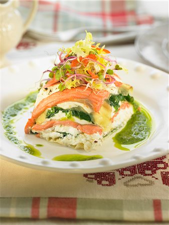 simsearch:825-07522119,k - Smoked salmon,cream cheese,spinach,walnut and sprout wonton lasagnes Stock Photo - Rights-Managed, Code: 825-07522269