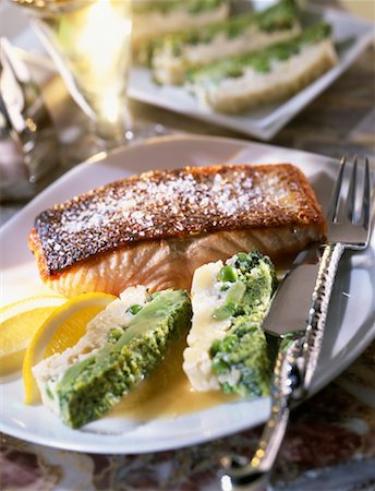 Salmon steak with coarse salt and cabbage chartreuse Stock Photo - Rights-Managed, Code: 825-02303118