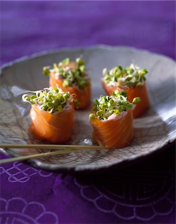simsearch:825-03627010,k - Salmon rolls with tarama and sprouting shoots Stock Photo - Rights-Managed, Code: 825-03628575