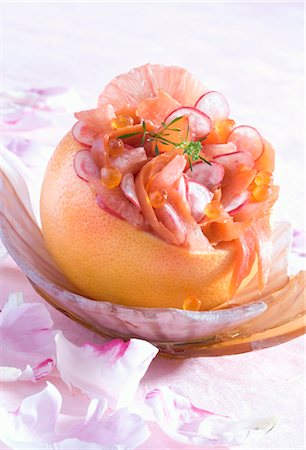 simsearch:825-07649320,k - Grapefruit filled with radish and salmon salad Stock Photo - Rights-Managed, Code: 825-03629044