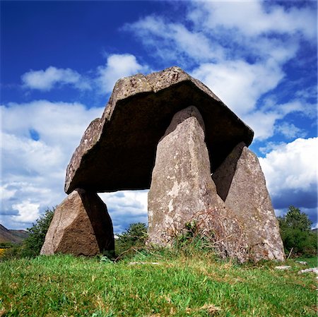 Stone structures on a landscape, Poulnabrone Dolmen, The Burren, County Clare, Republic Of Ireland Stock Photo - Rights-Managed, Code: 832-03358617