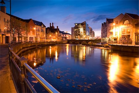 River Garavogue, Sligo, Co Sligo, Ireland;  Town along a river at night Stock Photo - Rights-Managed, Code: 832-03359295