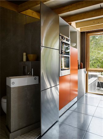 exposed beam ceiling - Kitchen of Jacksons Ope house, Truro, Cornwall, UK. Architects: Studio BAAD Stock Photo - Rights-Managed, Code: 845-05838182