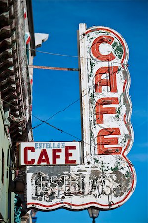 simsearch:845-05838406,k - Detail view of peeling vintage shop sign for a cafe in Las Vegas, New Mexico. Stock Photo - Rights-Managed, Code: 845-05838351
