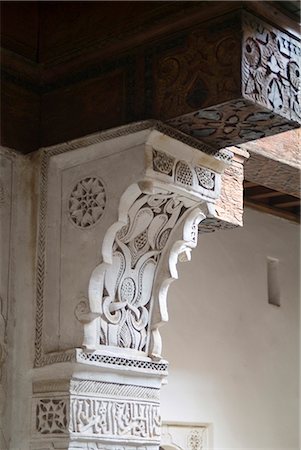 simsearch:845-02726943,k - Ali ben Youssef Medersa (ancient Koranic school), Marrakech. 1565. Capital. Stock Photo - Rights-Managed, Code: 845-02727059