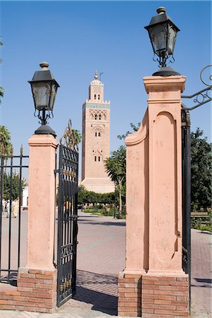simsearch:845-02726943,k - Kotoubia Mosque, Marrakech, Morocco. 1195. Minaret and entrance gate Stock Photo - Rights-Managed, Code: 845-02727075