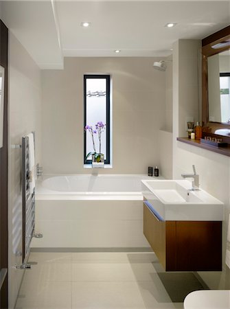 Modern white bathroom with rectangular basin, Private House, Worsley. Architects: Stephenson Bell Stock Photo - Rights-Managed, Code: 845-03777450