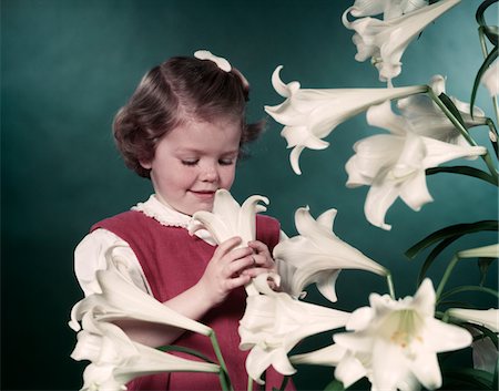 1950s SMILING LITTLE GIRL HOLDING SMELLING LOOKING AT EASTER LILY FLOWERS Stock Photo - Rights-Managed, Code: 846-05646838