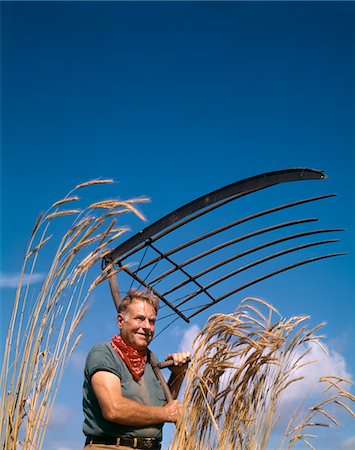 simsearch:846-03164224,k - 1970s MAN WEARING BANDANNA HOLDING ANTIQUE GRAIN CRADLE SCYTHE Stock Photo - Rights-Managed, Code: 846-05646846