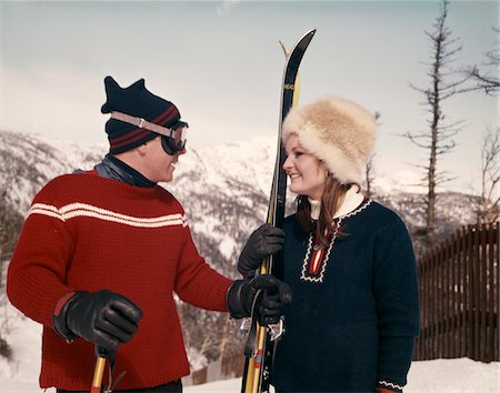 simsearch:846-02797740,k - 1960s YOUNG COUPLE IN SNOW WITH SNOW SKIS Stock Photo - Rights-Managed, Code: 846-05647573