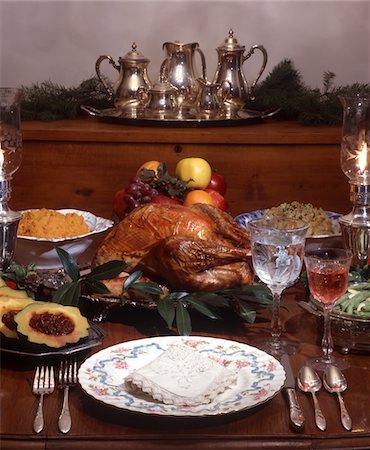 simsearch:846-05648541,k - 1970s TRADITIONAL ROASTED TURKEY STUFFING SQUASH SWEET POTATO PLATE PLACE SETTING Stock Photo - Rights-Managed, Code: 846-05647609
