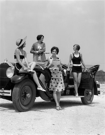 1920s - 1930s FOUR WOMEN IN DRESSES AND BATHING SUITS GATHERED AROUND CONVERTIBLE TOURING CAR AT SEASHORE BEACH Stock Photo - Rights-Managed, Code: 846-05647674
