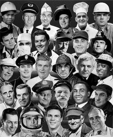 simsearch:846-05648291,k - 1960s - 1970s MONTAGE OF HEADS OF 25 MEN OF DIFFERENT KINDS OF OCCUPATIONS ALL SMILING Stock Photo - Rights-Managed, Code: 846-05647708