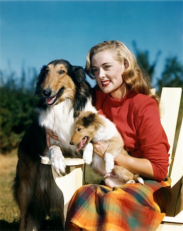 1950s SMILING WOMAN SITTING IN CHAIR OUTDOORS WITH COLLIE DOG AND COLLIE PUPPY Stock Photo - Rights-Managed, Code: 846-05647834