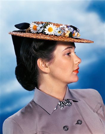 simsearch:846-07200135,k - 1940s - 1950s PROFILE PORTRAIT WOMAN WEARING GRAY SUIT STRAW HAT WITH FLOWERS Stock Photo - Rights-Managed, Code: 846-05647877