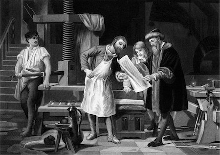 simsearch:846-03165636,k - 1400s GERMAN PRINTER JOHANN GUTENBERG STANDING BY PRINTING PRESS WITH WORKERS READING A PROOF SHEET Stock Photo - Rights-Managed, Code: 846-05648020