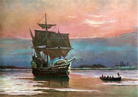 PAINTING OF THE SHIP THE MAYFLOWER 1620 IN PLYMOUTH HARBOR BY WILLIAM HALSALL PILGRIMS TRANSPORT Stock Photo - Rights-Managed, Code: 846-06112063