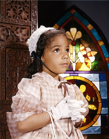 stains and discolorations - 1960s AFRICAN AMERICAN GIRL IN CHURCH BY STAINED GLASS WINDOW WEARING EASTER DRESS HAT AND WHITE GLOVES Stock Photo - Rights-Managed, Code: 846-08030398