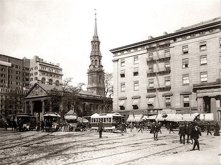 simsearch:846-05645665,k - 1800s 1890s 1900s NYC HORSE DRAWN STREET CAR TROLLEYS AT SAINT PAUL'S CHAPEL BUILT IN 1766 NEW YORK CITY USA Stock Photo - Rights-Managed, Code: 846-09013089