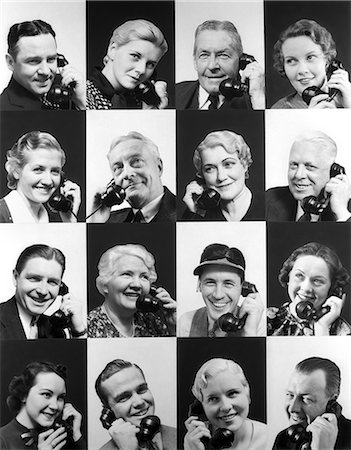 1930s CHECKERBOARD MONTAGE PATTERN 16 SMILING PEOPLE MEN AND WOMEN YOUNG AND OLD SPEAKING ON TELEPHONES Stock Photo - Rights-Managed, Code: 846-09013140